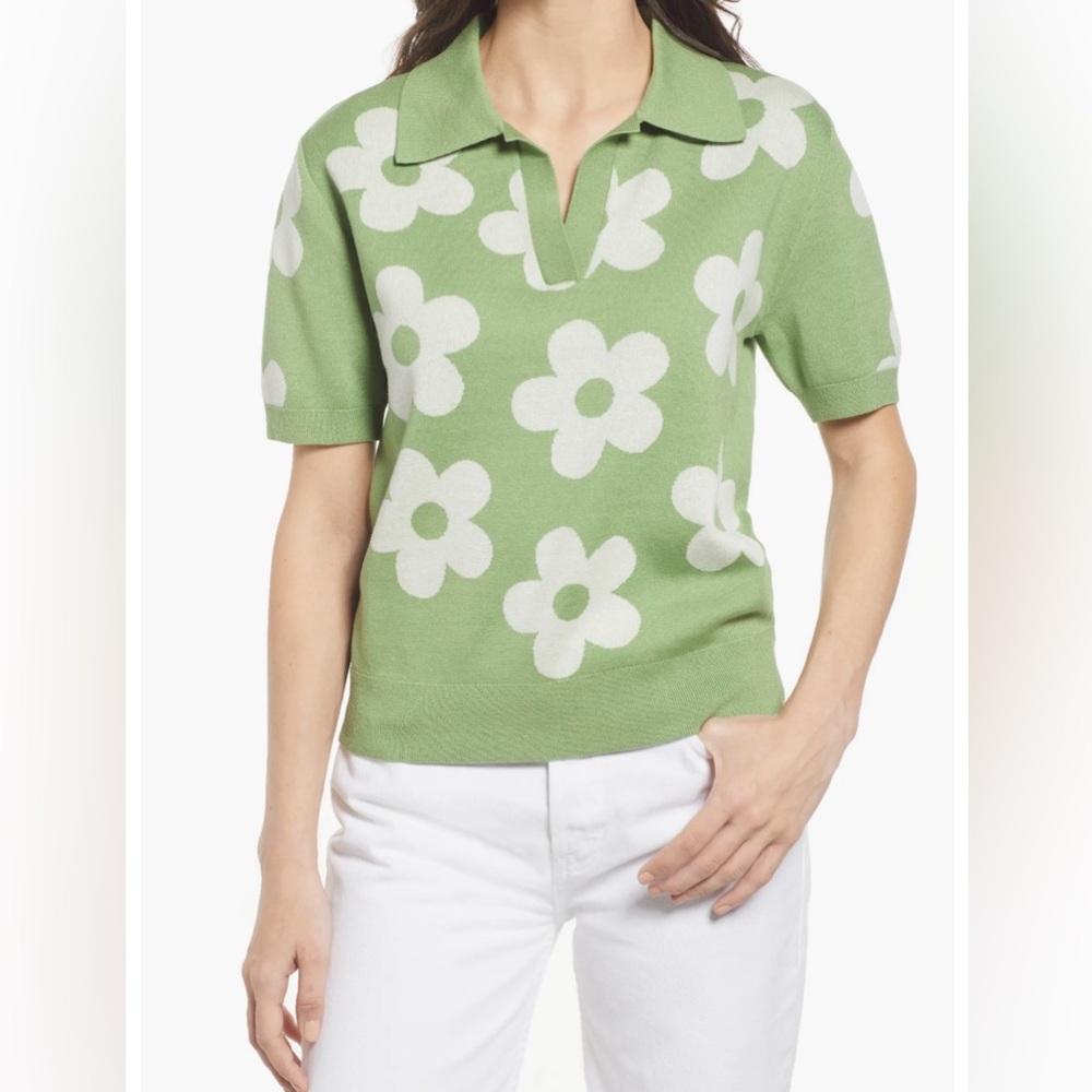 & OTHER STORIES Green Jacquard Knit Floral Collared Short Sleeve Size Medium